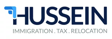 Logo of Hussein, a company specializing in immigration, tax, and relocation services. The logo features a stylized blue and grey letter 'H' on the left, followed by the name 'Hussein' in bold, dark grey text. Below the company name, in smaller grey letters, are the words 'Immigration. Tax. Relocation