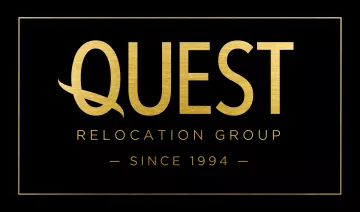 Quest Relocation Group logo in brushed gold on black background. Since 1994.